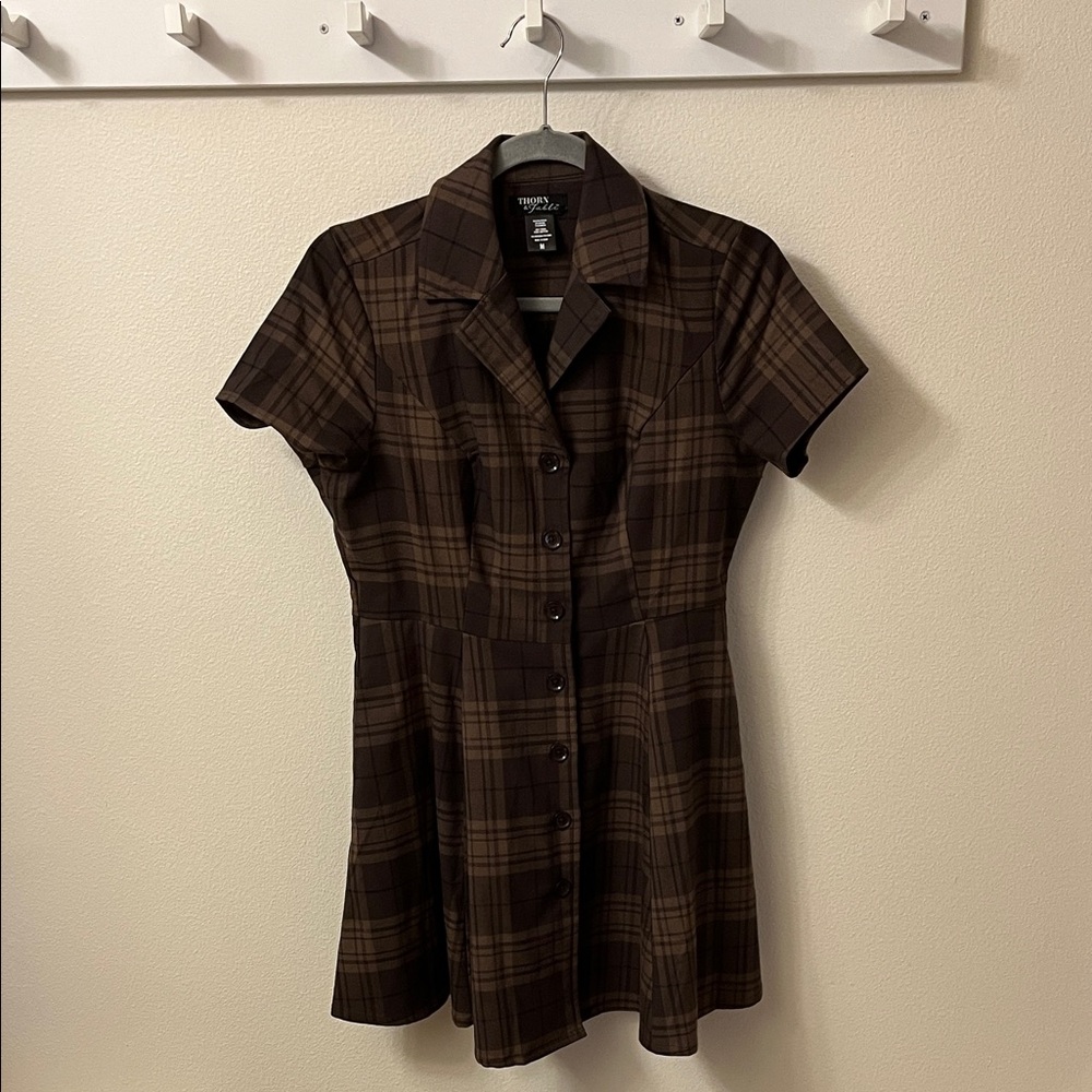 Brown Plaid Button-Up Dress